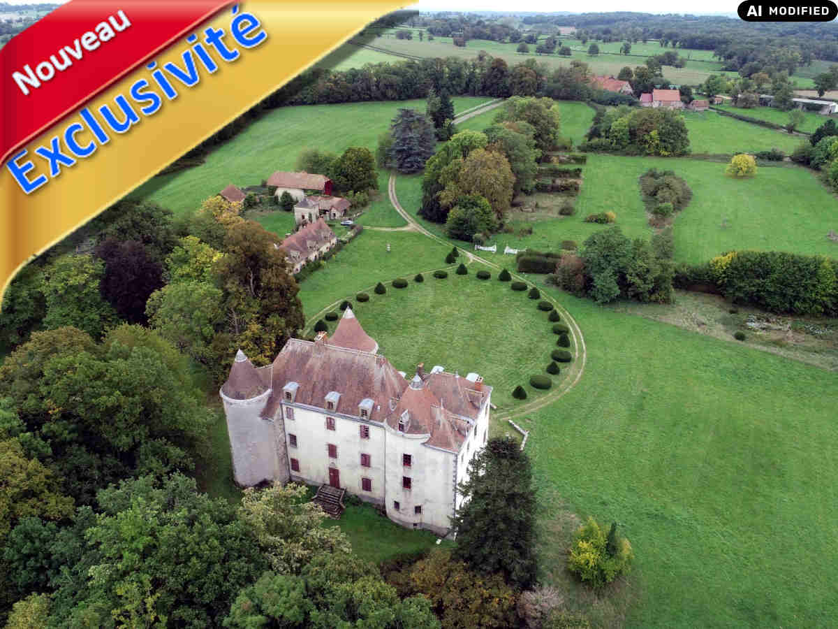 Château féodal remanié à vendre Allier 03 / Cher 18, à rénover. 45 ha: étangs, bois, prairies, jardins… 2 corps de ferme, 2 maisons de régisseur
